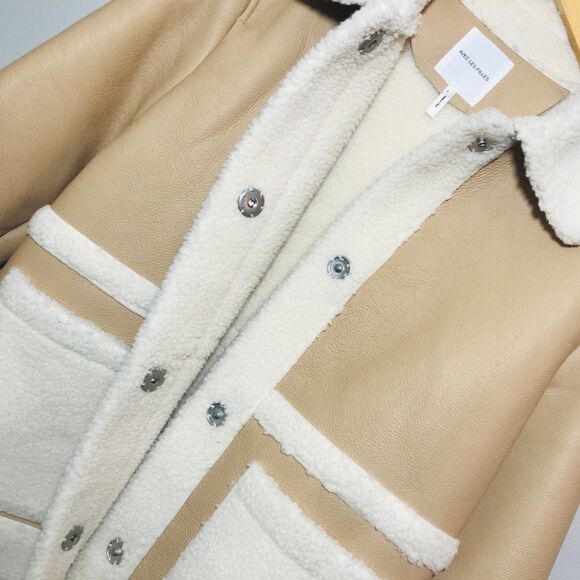 AVEC LES FILLES Colorblock Faux Shearling Snap Button Jacket Coat Tan Size Large - Picture 16 of 16